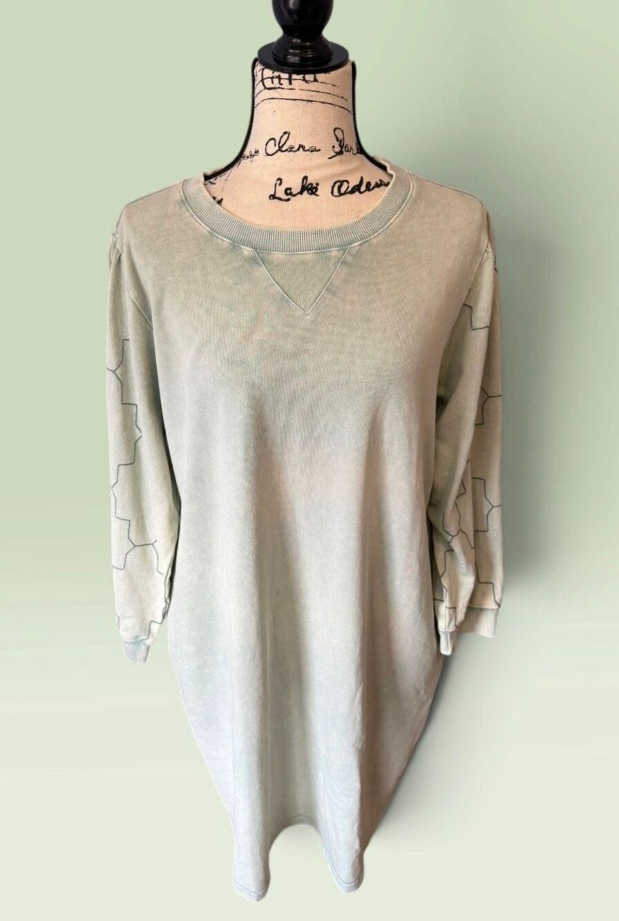 Easel L Mineral Wash Sweatshirt Tunic Dress Sage Green Embroidered Sleeve Pocket